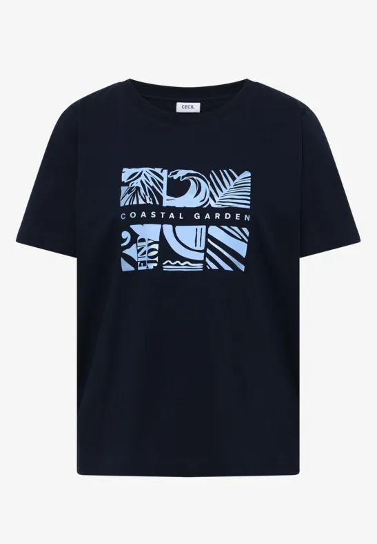 Schwarzes T-Shirt mit hellblauem tropischem Blätter-Print und Aufschrift 'Coastal Garden'