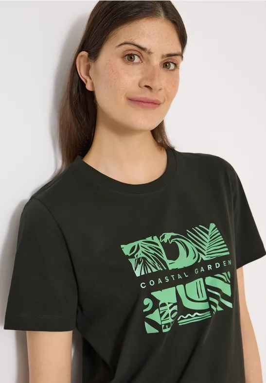Schwarzes T-Shirt mit grünem 'Coastal Garden' Print und tropischem Blattmuster