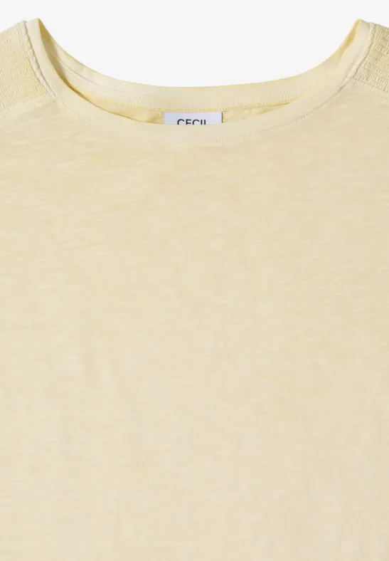 Schlichtes, hellgelbes T-Shirt mit Rundhalsausschnitt aus leicht strukturiertem Stoff.
