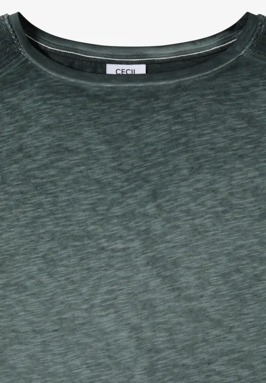 Dunkelgrünes T-Shirt mit Rundhalsausschnitt aus meliertem Stoff.