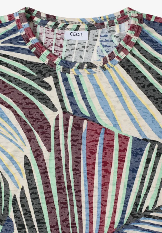 Bunt gestreiftes Oberteil mit abstraktem Muster und Label 'CECIL' am Kragen.