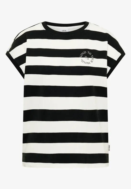 Schwarz-weiß-gestreiftes T-Shirt mit kurzen, leicht umgeschlagenen Ärmeln und kleinem Logo auf der Brust.