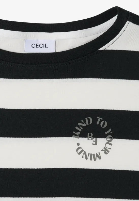 Schwarzes-weiß gestreiftes T-Shirt mit 'CECIL'-Label im Kragen und rundem 'MIND TO YOUR MIND'-Print vorn.