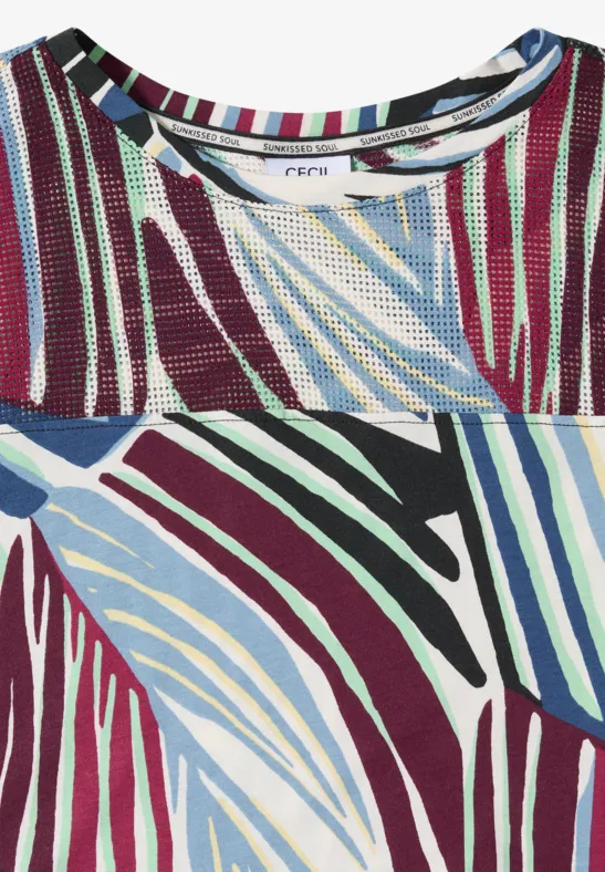 T-Shirt mit buntem, geometrischem Muster in Blau, Rot und Schwarz