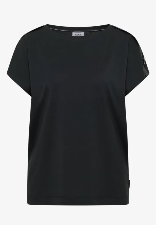 T-shirt noir pour femme à manches courtes, encolure large et coupe ample.