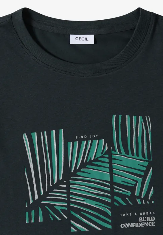 Schwarzes T-Shirt mit grünem Palmenblatt-Print und Schriftzug 'FIND JOY' sowie 'TAKE A BREAK BUILD'.