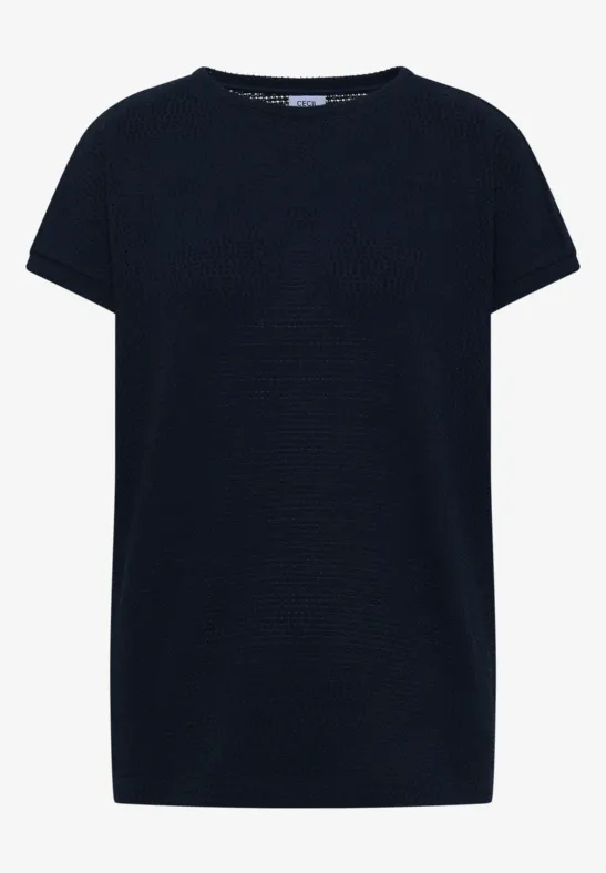 Schlichtes dunkelblaues T-Shirt mit Rundhalsausschnitt und kurzen Ärmeln.