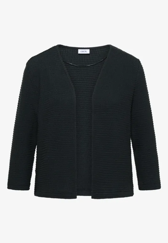 Cardigan noir à manches 3/4, ouvert, en maille, au design épuré.