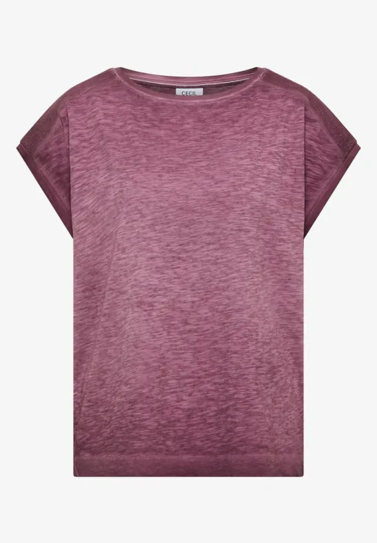 T-shirt femme droit en aubergine chiné, manches tombantes et col rond simple.
