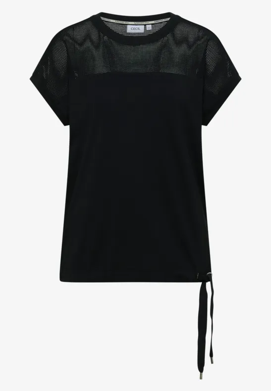 Schwarzes T-Shirt mit transparentem Netz-Detail am Oberteil, kurzen Ärmeln und seitlicher Schnürung.