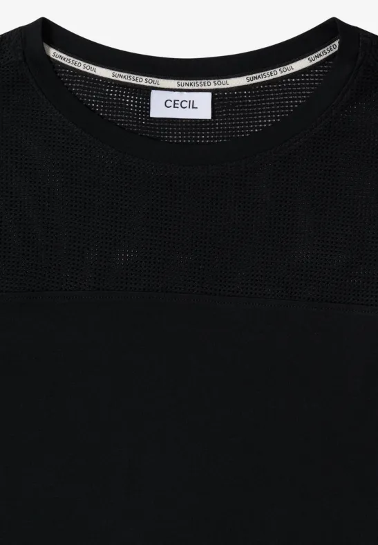 Schwarzes Damen-T-Shirt mit Mesh-Einsatz am oberen Teil und CECIL-Label am Kragen.