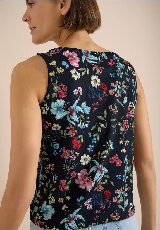 Ärmelloses Top mit buntem Blumenmuster auf dunklem Grund, Rückansicht