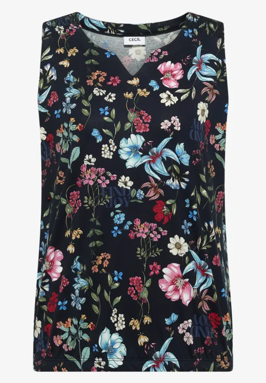 Ärmelloses, schwarzes Top mit buntem Blumenmuster.