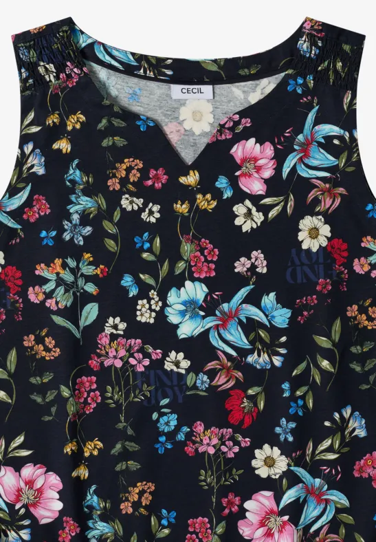 Ärmelloses Damen-Top mit buntem Blumenmuster auf dunklem Hintergrund.