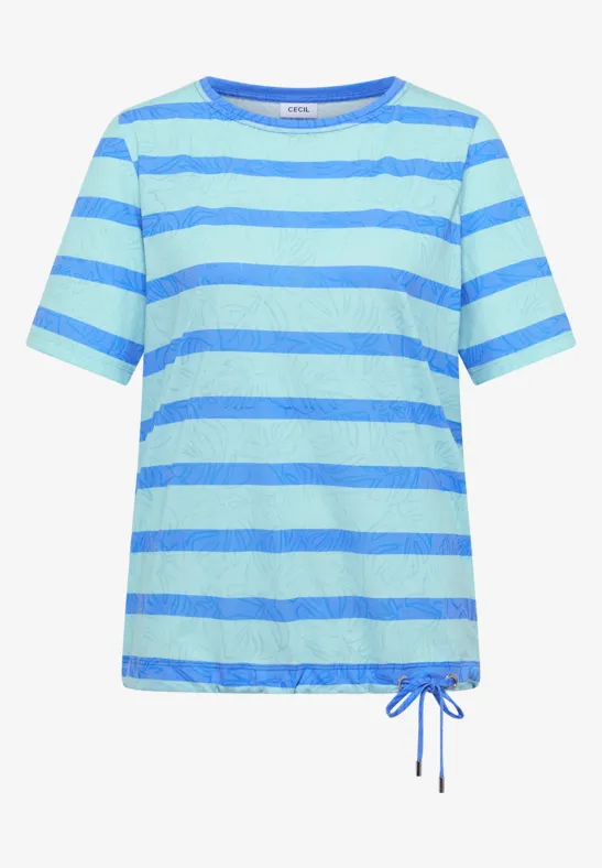 Kurzärmeliges T-Shirt mit breiten hellblauen und türkisfarbenen Streifen und seitlichem Kordelzug