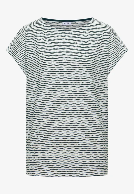 Weiß-blau gestreiftes, kurzärmeliges T-Shirt mit Rundhalsausschnitt.