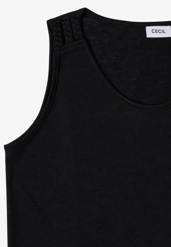 Schwarzes ärmelloses Top mit Rundhalsausschnitt, Ziersteppung an der Schulter und sichtbarem Label innen.