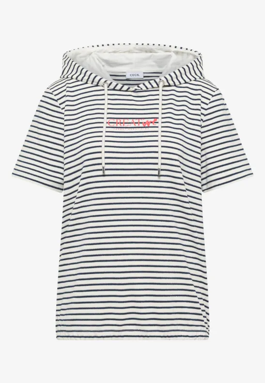 Kurzes Kapuzen-T-Shirt mit blauen und weißen Streifen