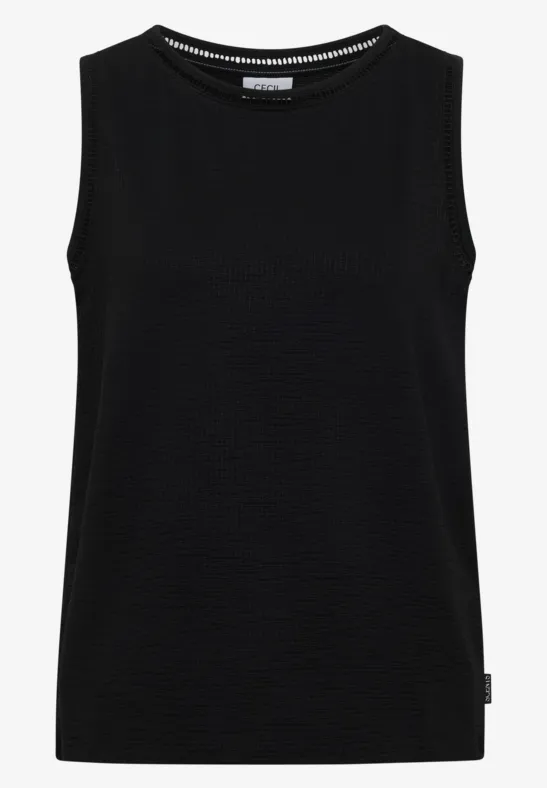 Haut sans manches noir à encolure ronde, en tissu texturé.