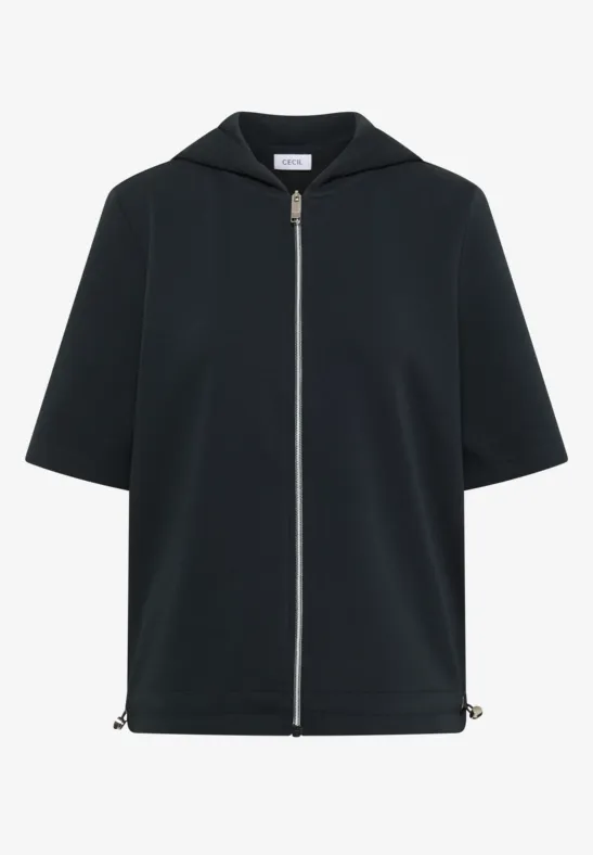 Veste noire à capuche manches courtes, fermeture éclair intégrale, coupe droite.