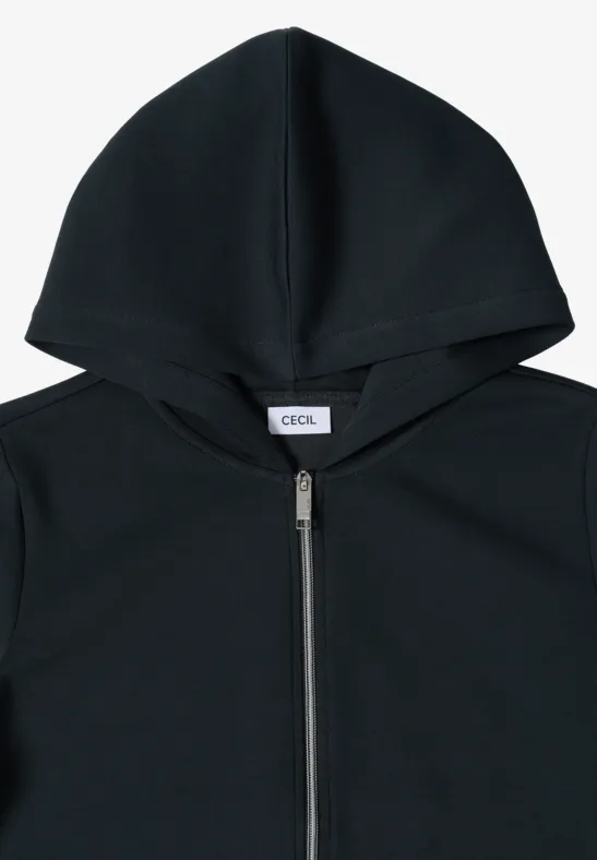 Sweat à capuche noir avec fermeture éclair intégrale, design épuré.