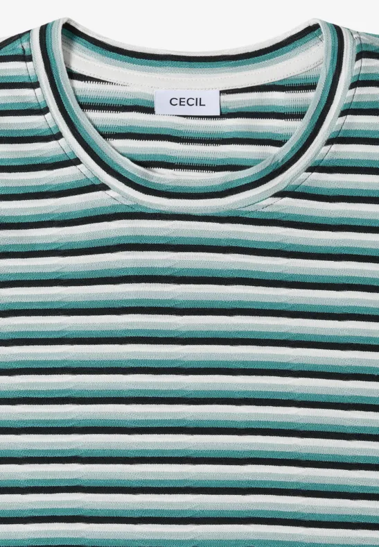Un T-shirt à manches courtes rayé vert, noir et blanc avec encolure ronde et étiquette Cecil.