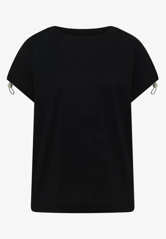 T-shirt noir à manches courtes, col rond et zips décoratifs aux extrémités des manches.