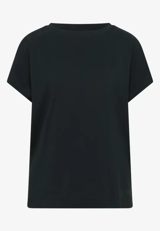 Ein schlichtes, schwarzes T-Shirt mit kurzen Ärmeln und geradem Schnitt.