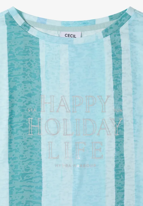 Weißes T-Shirt mit hellblauen Streifen und Aufdruck 'HAPPY HOLIDAY LIFE'.