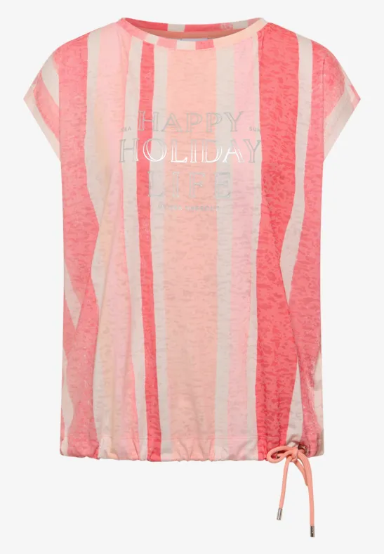 Lockeres Kurzarmshirt mit rosa und pastellfarbenen Streifen, ‚HAPPY HOLIDAY‘-Print und seitlicher Kordel am Saum.