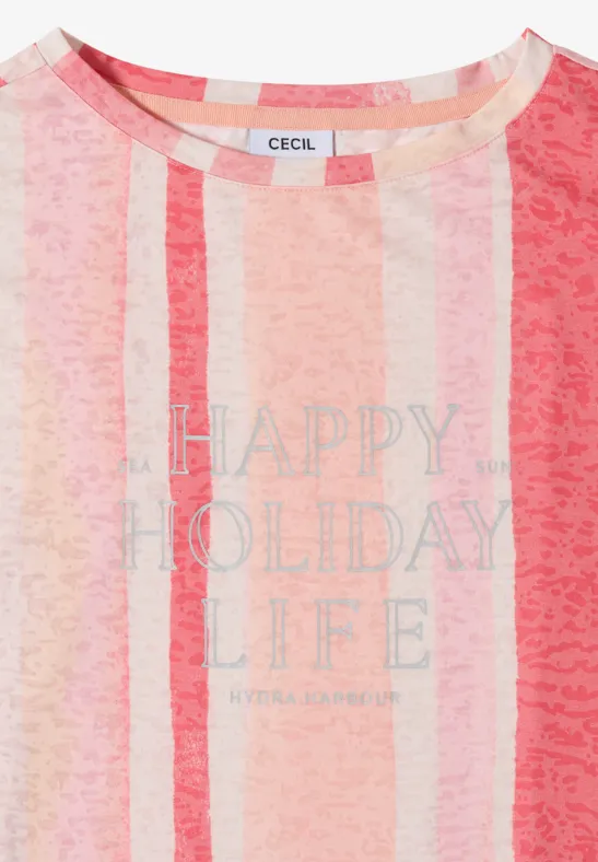 Rosa-weiß gestreiftes T-Shirt mit Slogan 'HAPPY HOLIDAY LIFE' und Label 'CECIL'.