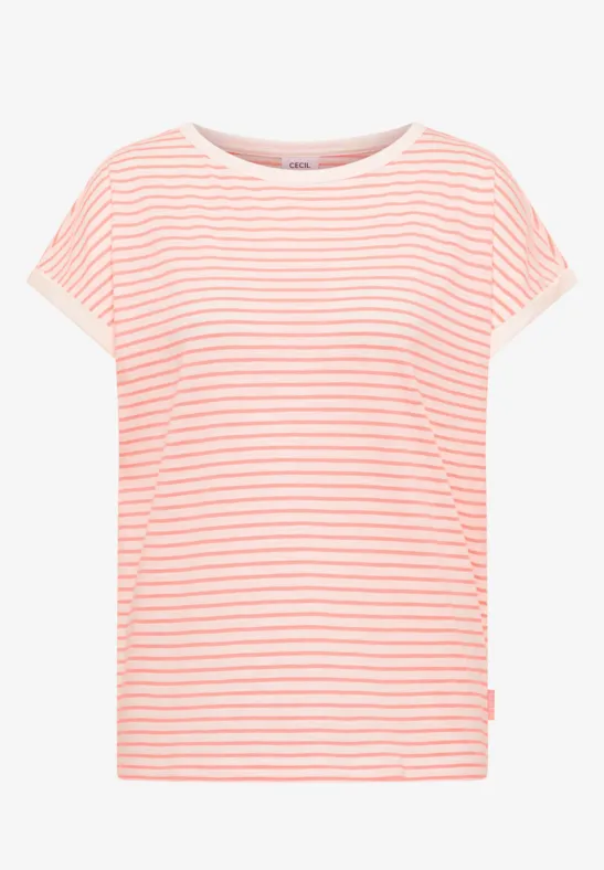 T-shirt léger à manches courtes, rayures blanches et rose pastel.