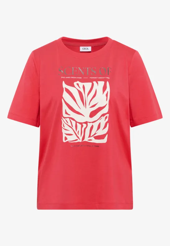 T-shirt rouge avec imprimé blanc abstrait de feuille et inscription "SCENTS OF" sur la poitrine.