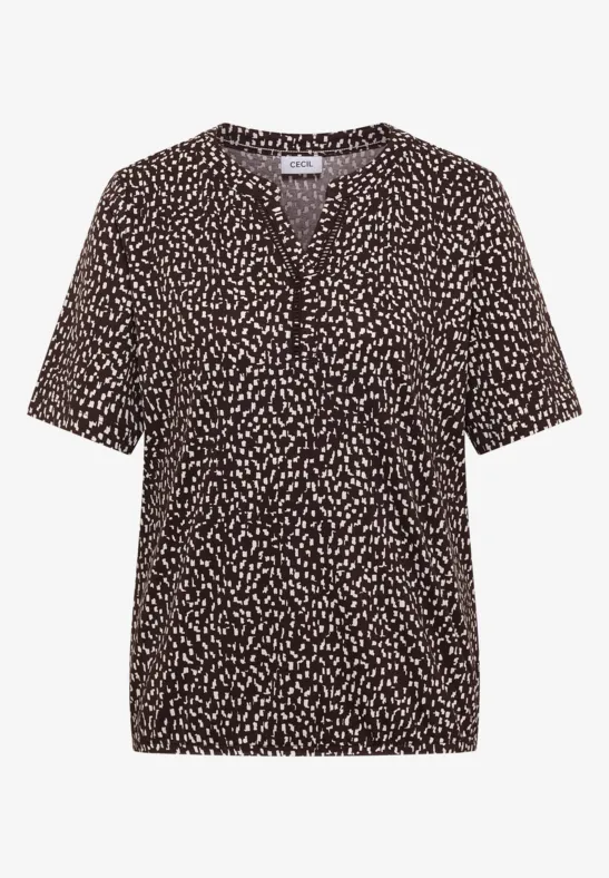 Blouse femme marron foncé à manches courtes, col V et motif de pois blancs irréguliers