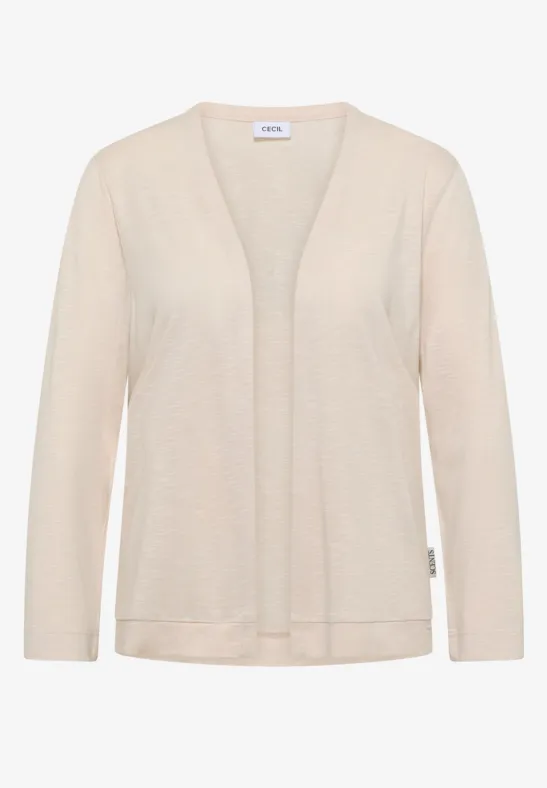Leichte, offene Strickjacke in Creme mit V-Ausschnitt und langen Ärmeln.
