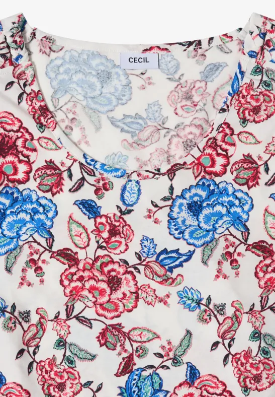 Ärmelloses, weißes Damen-Top mit buntem Blumenmuster in Rot, Blau und Grün.