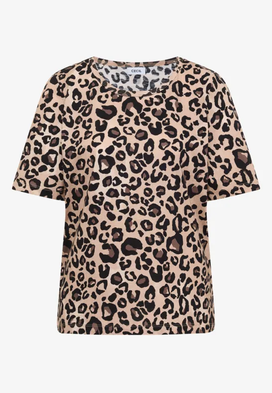 T-shirt beige à motif léopard noir, manches courtes, coupe décontractée.