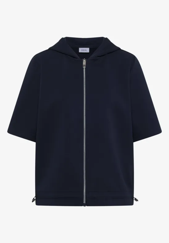 Veste à capuche bleu marine à manches courtes avec fermeture éclair argentée.