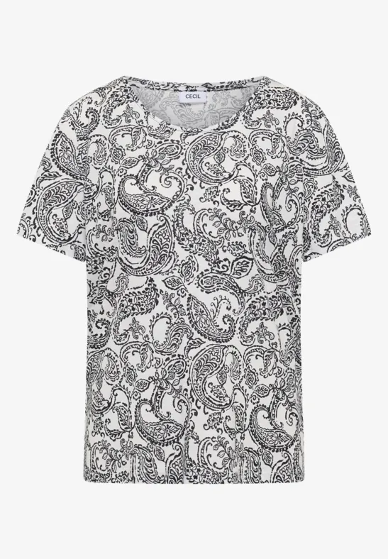 Weißes Kurzarm-Shirt mit schwarzem Paisley-Muster.