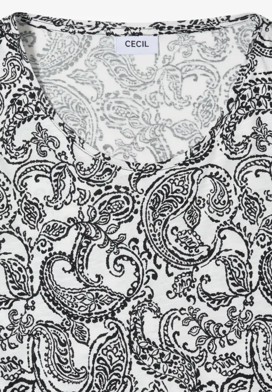 Weißes Damenoberteil mit schwarzem Paisley-Muster und rundem Ausschnitt von CECIL.