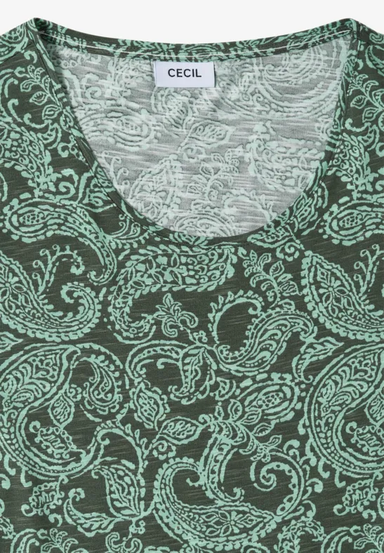 Dunkelgrünes Rundhalsshirt mit hellgrünem Paisley-Muster und CECIL-Label