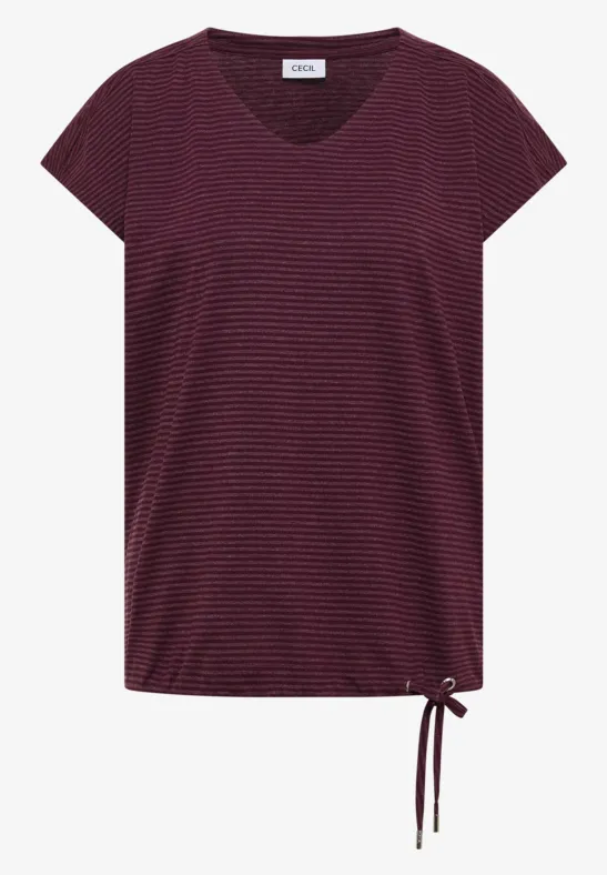 T-shirt court à manches courtes bordeaux à fines rayures, col rond et lien noué sur le côté.
