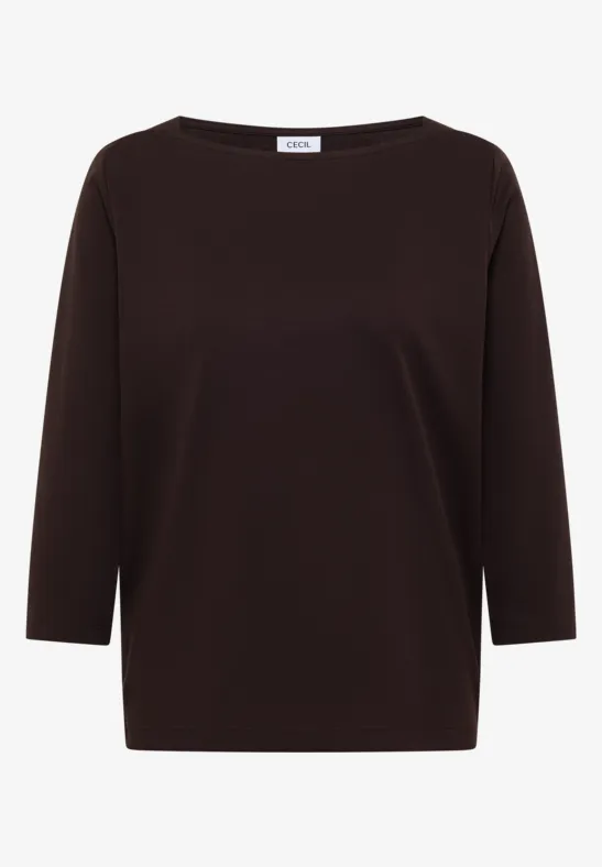 Ein schlichtes, dunkelbraunes Langarmshirt mit rundem Ausschnitt.