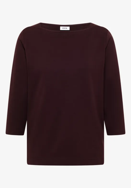 Schlichtes Damen-Langarmshirt in Dunkelrot mit 3/4-Ärmeln und Rundhalsausschnitt