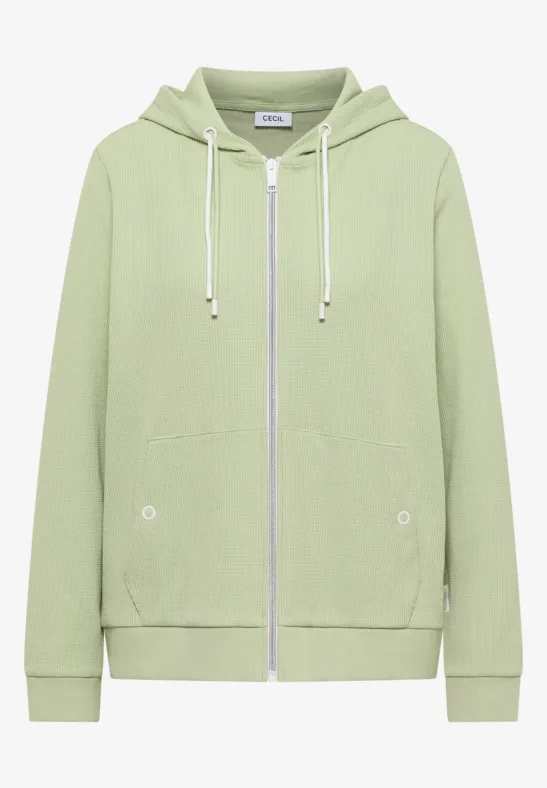 Hellgrüner Kapuzenpullover mit Reißverschluss, Kängurutaschen und weißen Kordeln