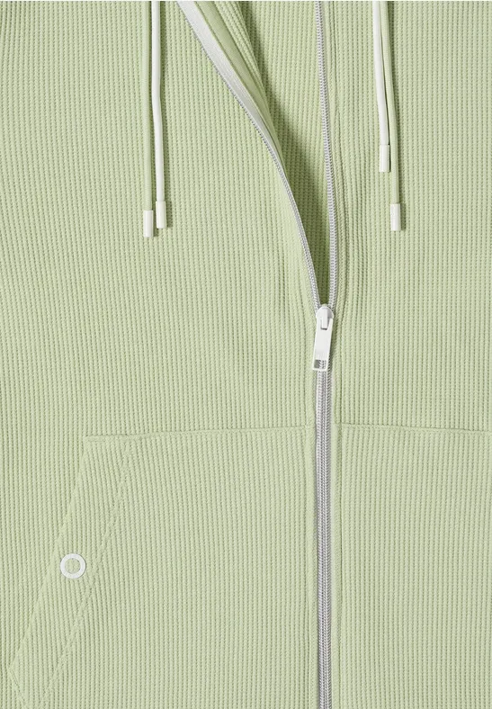 Helles grünes, geripptes Kapuzen-Sweatshirt mit Reißverschluss und Tasche