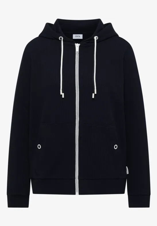 Schwarzer Kapuzenpullover mit Reißverschluss, langen Ärmeln und weißen Kordeln, lässiger Style.