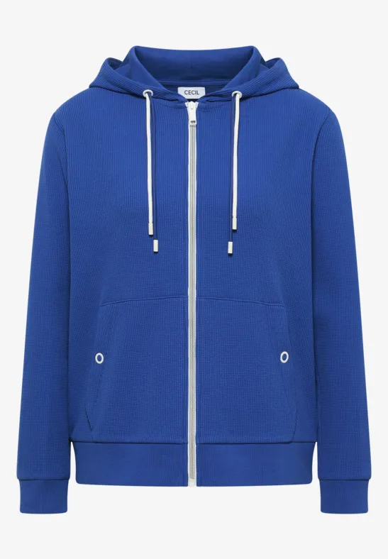 Blaue Kapuzenjacke mit Reißverschluss, Kängurutaschen und Kordelzug, schlichtes Design.