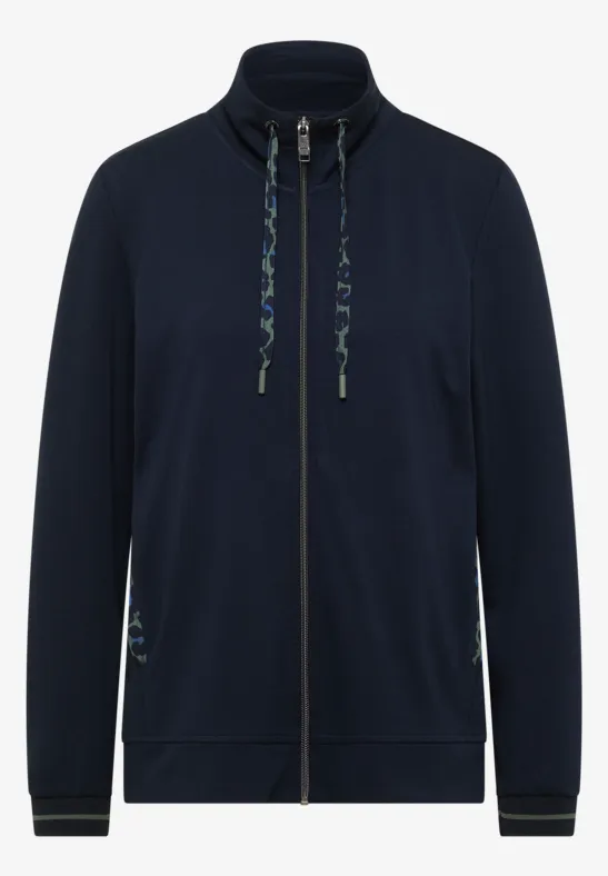 Dunkelblaue, leichte Jacke mit Reißverschluss und Stehkragen, seitlichen Eingrifftaschen und kontrastfarbigen Kordeln