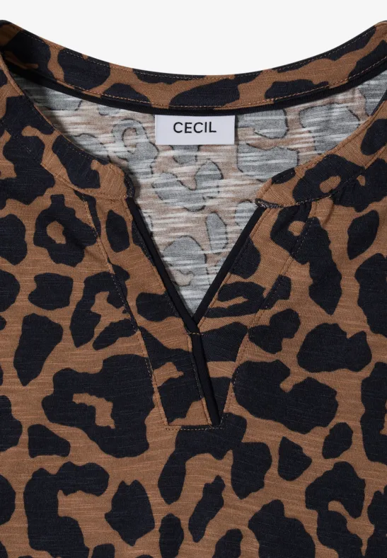 Braunes Leoparden-Print Shirt mit V-Ausschnitt und Markenlabel "CECIL"
